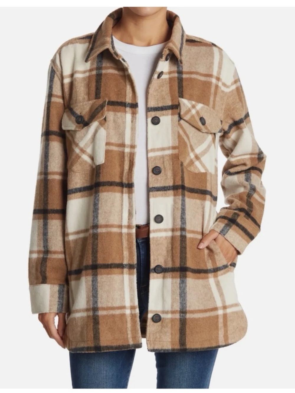 Thread & Supply Brown and Cream Plaid Utility Shacket
